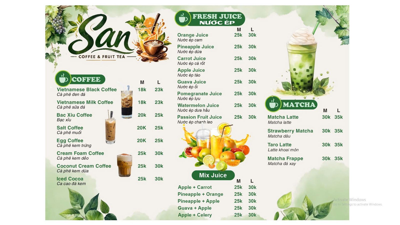 San Coffee Menu — Coffee, Juice, Matcha