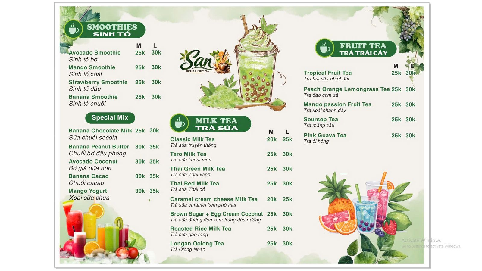 San Coffee Menu — Smoothies, Milk Tea, Fruit Tea